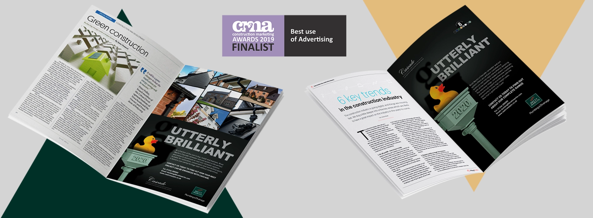 Two full-page adverts for Brett Martin’s Cascade Iron Style Rainwater and Soil System product range shown in construction magazines