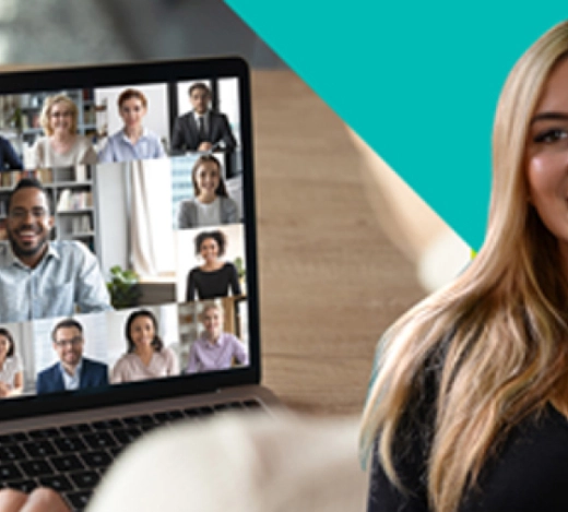 Cut-out image of Fabrick's head of Digital Content, Kate Aristides positioned next to a laptop showing numerous people's faces on a laptop screen