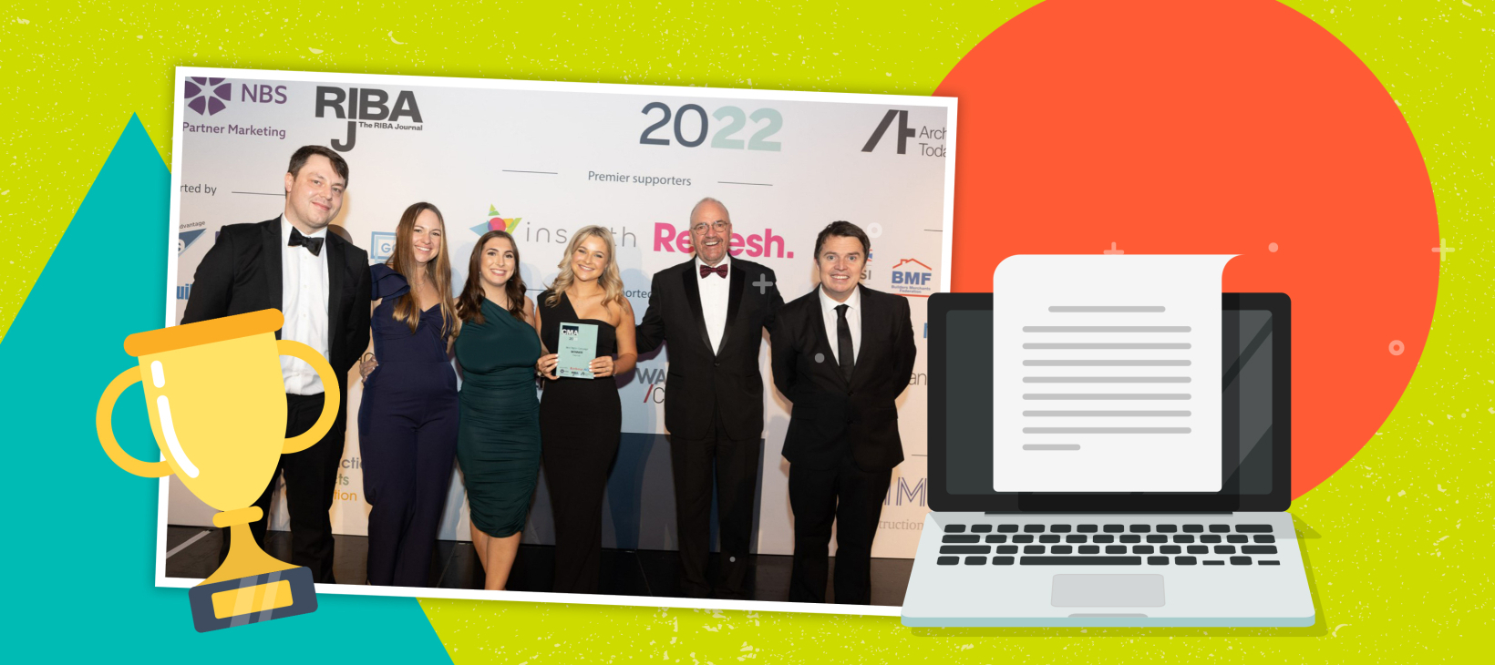 Fabrick's Rebecca Dixon, Amelia Spence, Lynsey Bienati and Colin Felton are joined by members of Pexhurst at the 2022 Construction Marketing Awards