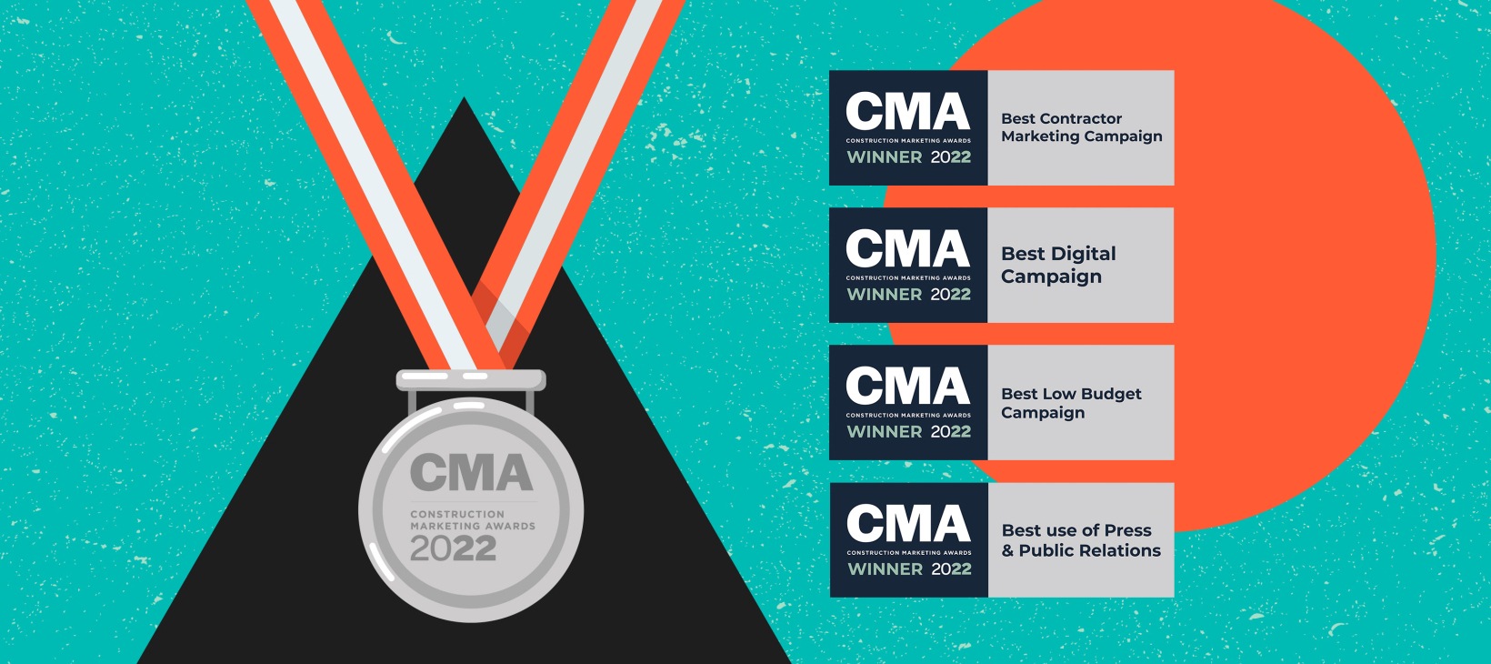 A medal and four Construction Marketing Awards 2022 logos