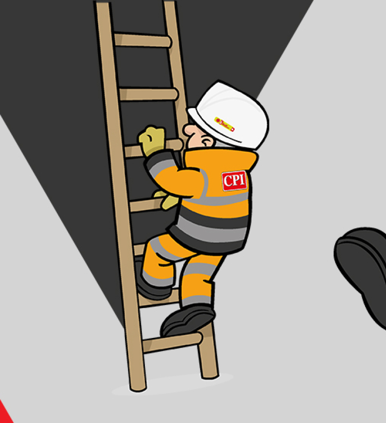 Illustrations of CPI's character, RaLF climbing up a ladder, climbing over a wall and walking along in full PPE clothing