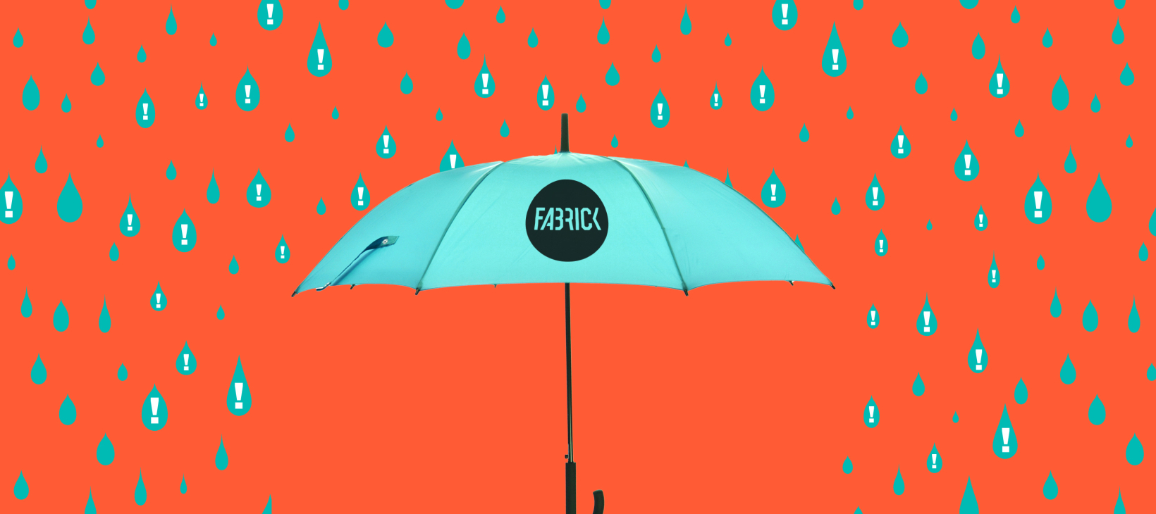 A blue Fabrick branded umbrella set against an orange background with blue rain drops falling