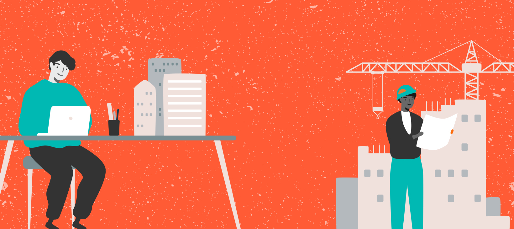 Fabrick graduate sitting within a construction building scene