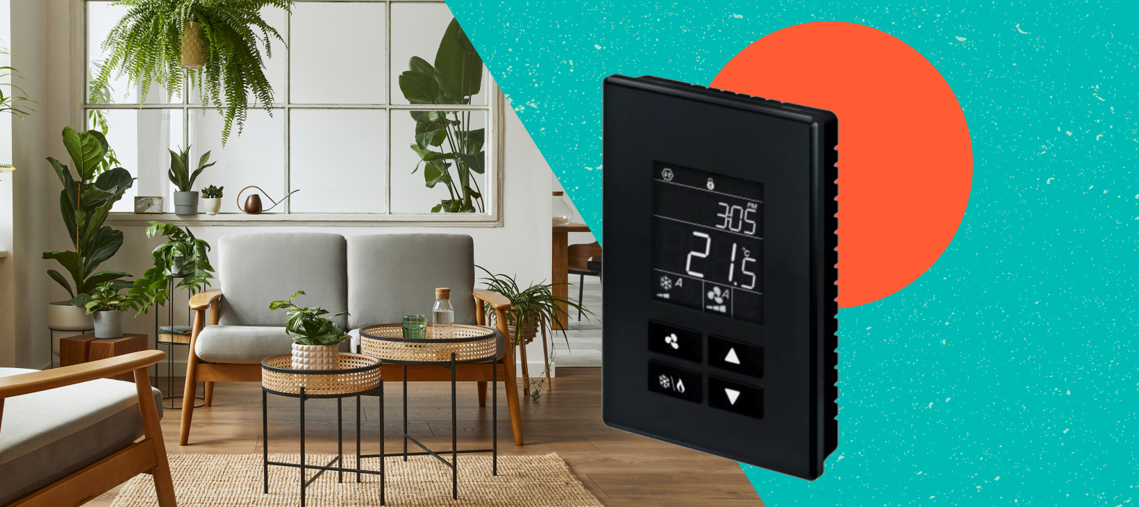 Bright, airy room with lots of plants, a sofa and a room temperature gage.