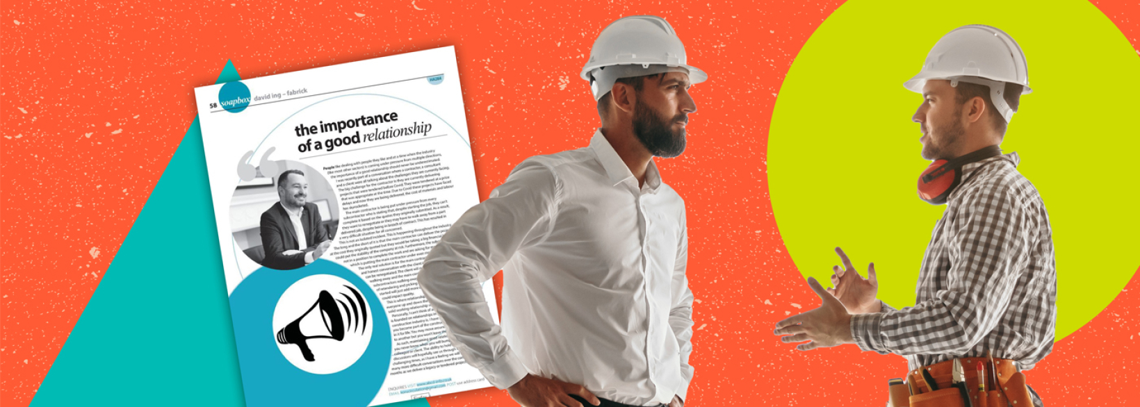 Two construction workers having a discussion with a copy of ABC+D magazine in the background