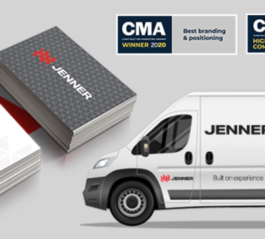 Image of a van and business cards illustrating Jenner's new branding and logo