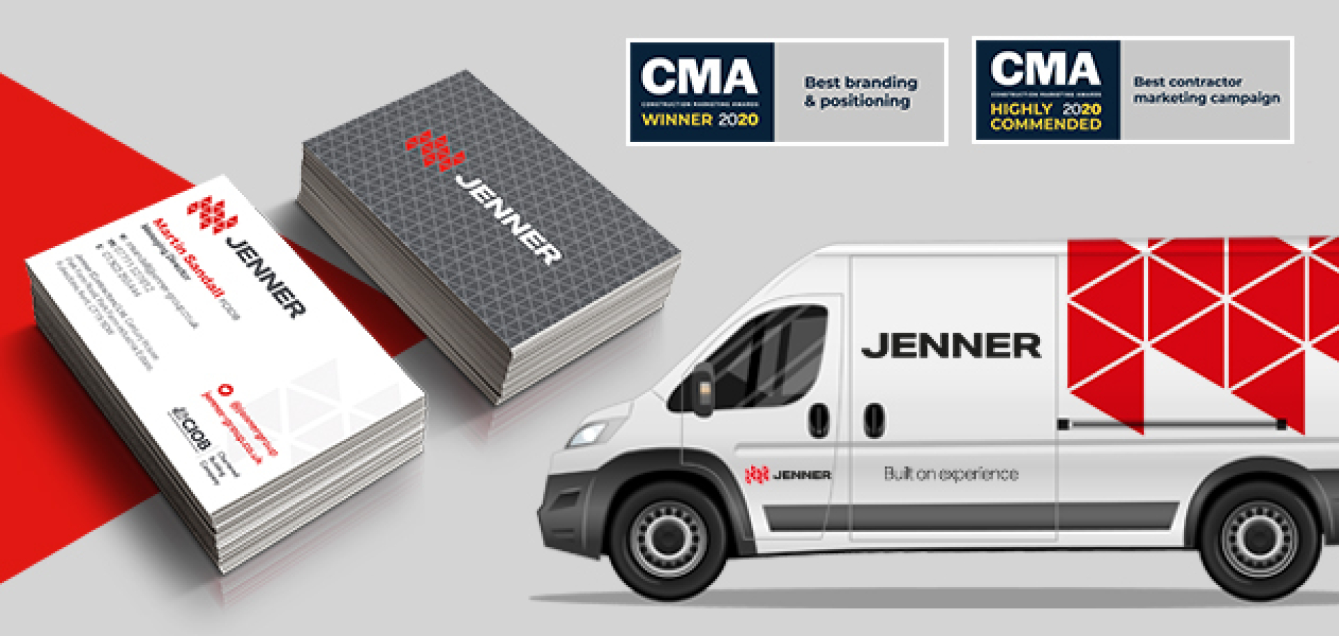 Image of a van and business cards illustrating Jenner's new branding and logo