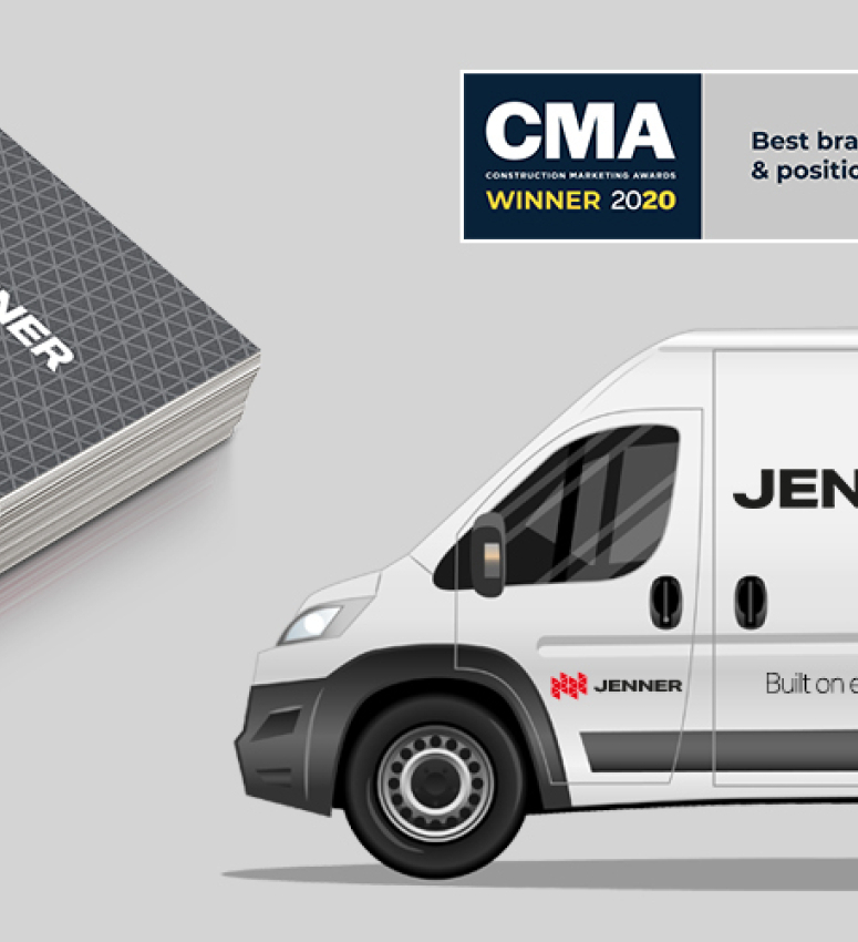 Image of a van and business cards illustrating Jenner's new branding and logo