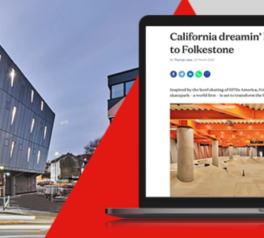 Image of a laptop screen showing some PR coverage Fabrick's construction PR team achieved for Jenner Group on the F51 skatepark project and a photo of the exterior of F51 in Folkestone, Kent