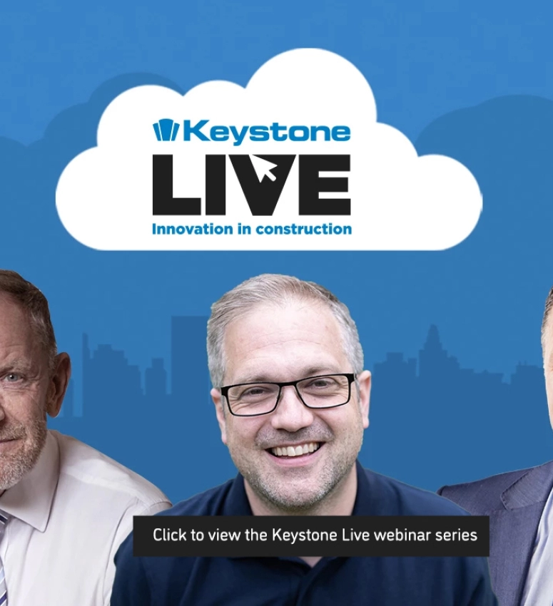 Blue background with several cut-out images of construction industry experts. Above the cut-outs is a white cloud displaying the Keystone Live logo inside it.