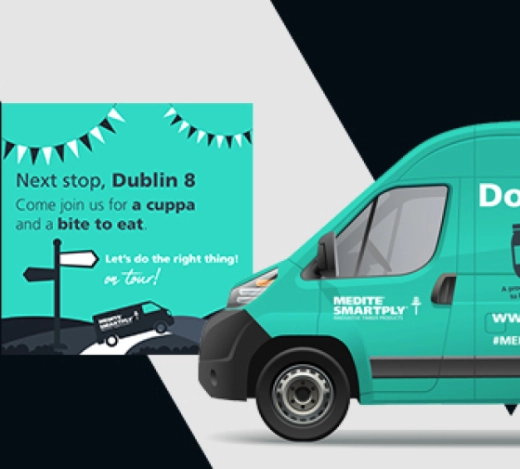 Branded images of MEDITE SMARTPLY's van, pop-up banners and social media infographics used to promote the UK and Ireland 'doing the right thing' tour