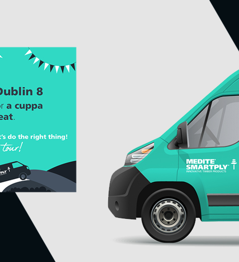 Branded images of MEDITE SMARTPLY's van, pop-up banners and social media infographics used to promote the UK and Ireland 'doing the right thing' tour