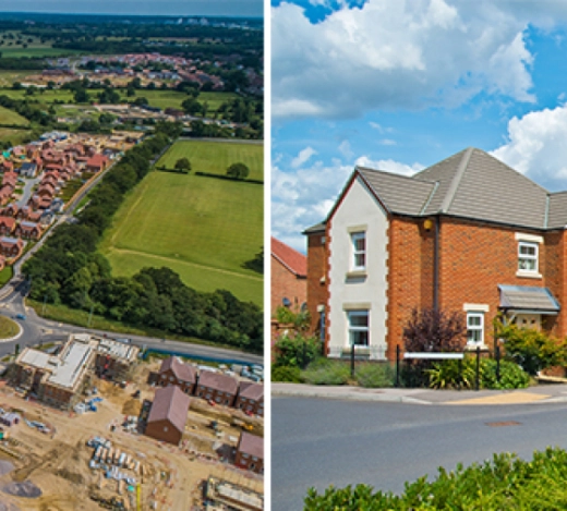 Aerial shot of modern housing development and close-up images of modern houses