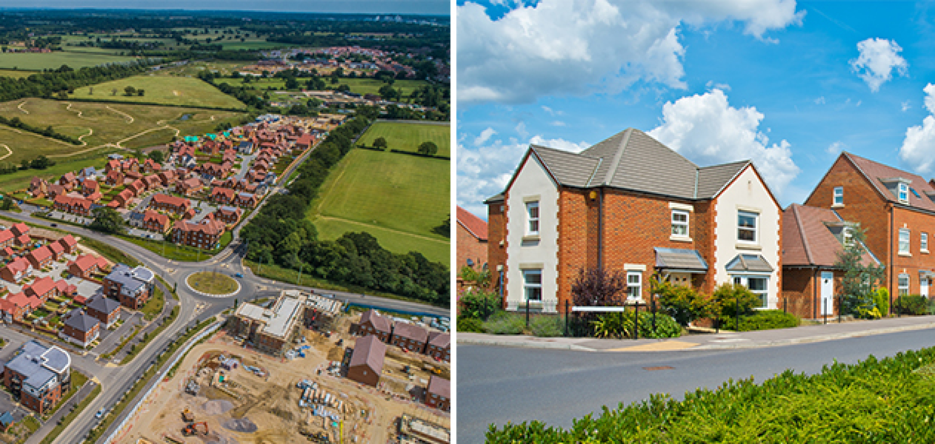 Aerial shot of modern housing development and close-up images of modern houses