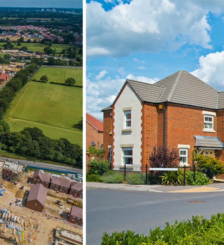 Aerial shot of modern housing development and close-up images of modern houses
