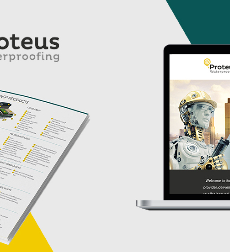 Proteus brochure and a laptop screen showing the homepage of the new Proteus website