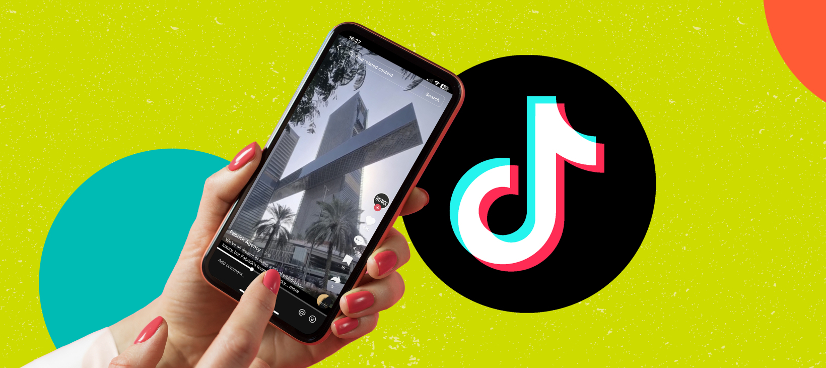 Yellow background with a person holding a mobile phone showing One Za'Abeel, Dubai and a large TikTok logo to the right-side of the phone.