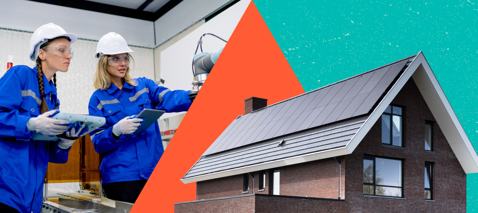 Two female construction workers operating machinery positioned next to a house
