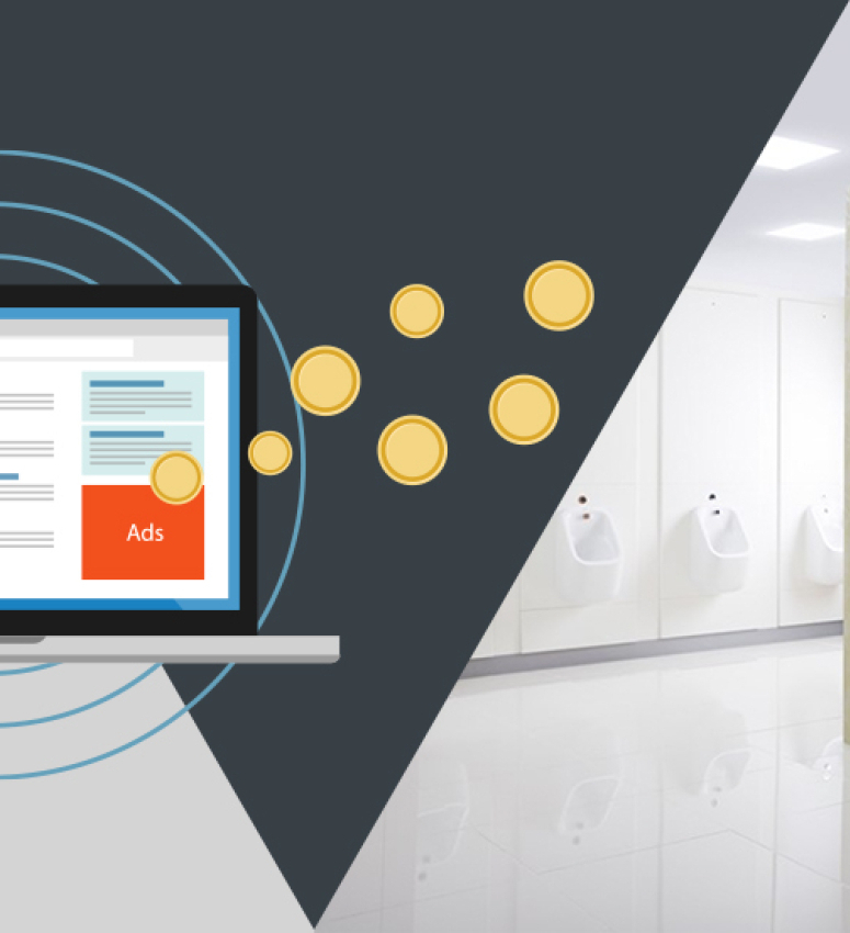 Venesta toilets and washrooms sitting alongside a computer screen showing Fabrick's PPC results