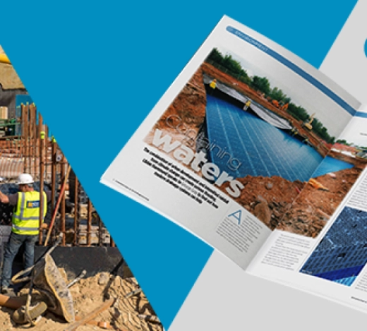 Publication showing a PR feature for Wavin and a building site with two site workers wearing PPE