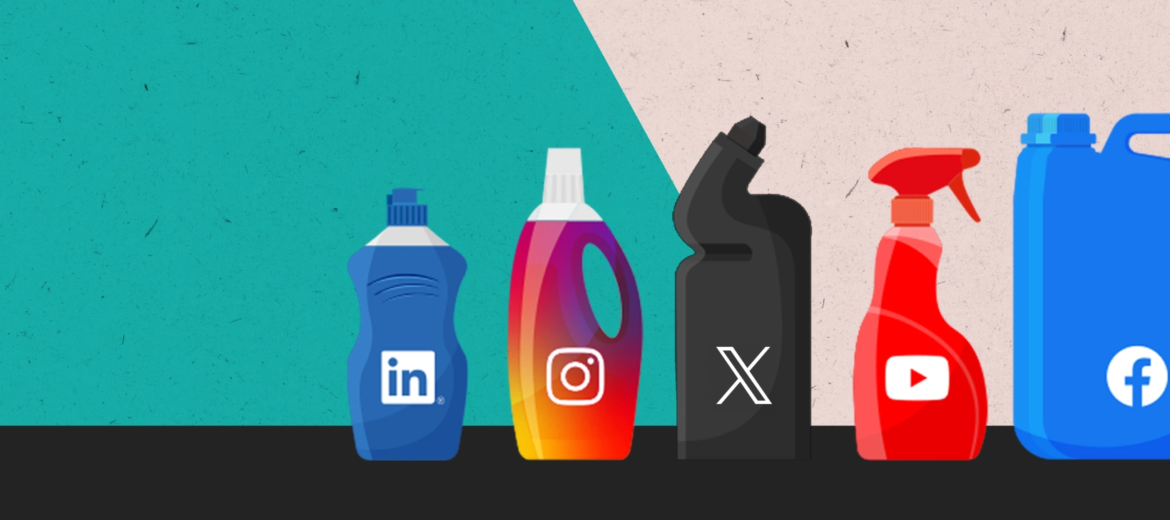 A number of cleaning product bottles of various sizes with social media logos added