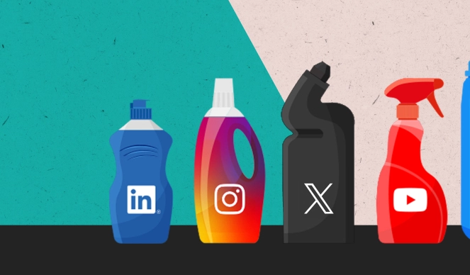 A number of cleaning product bottles of various sizes with social media logos added