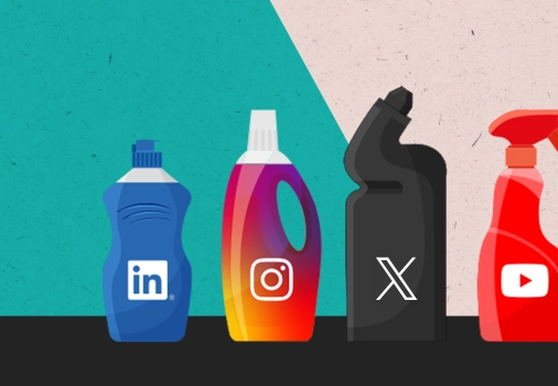 A number of cleaning product bottles of various sizes with social media logos added